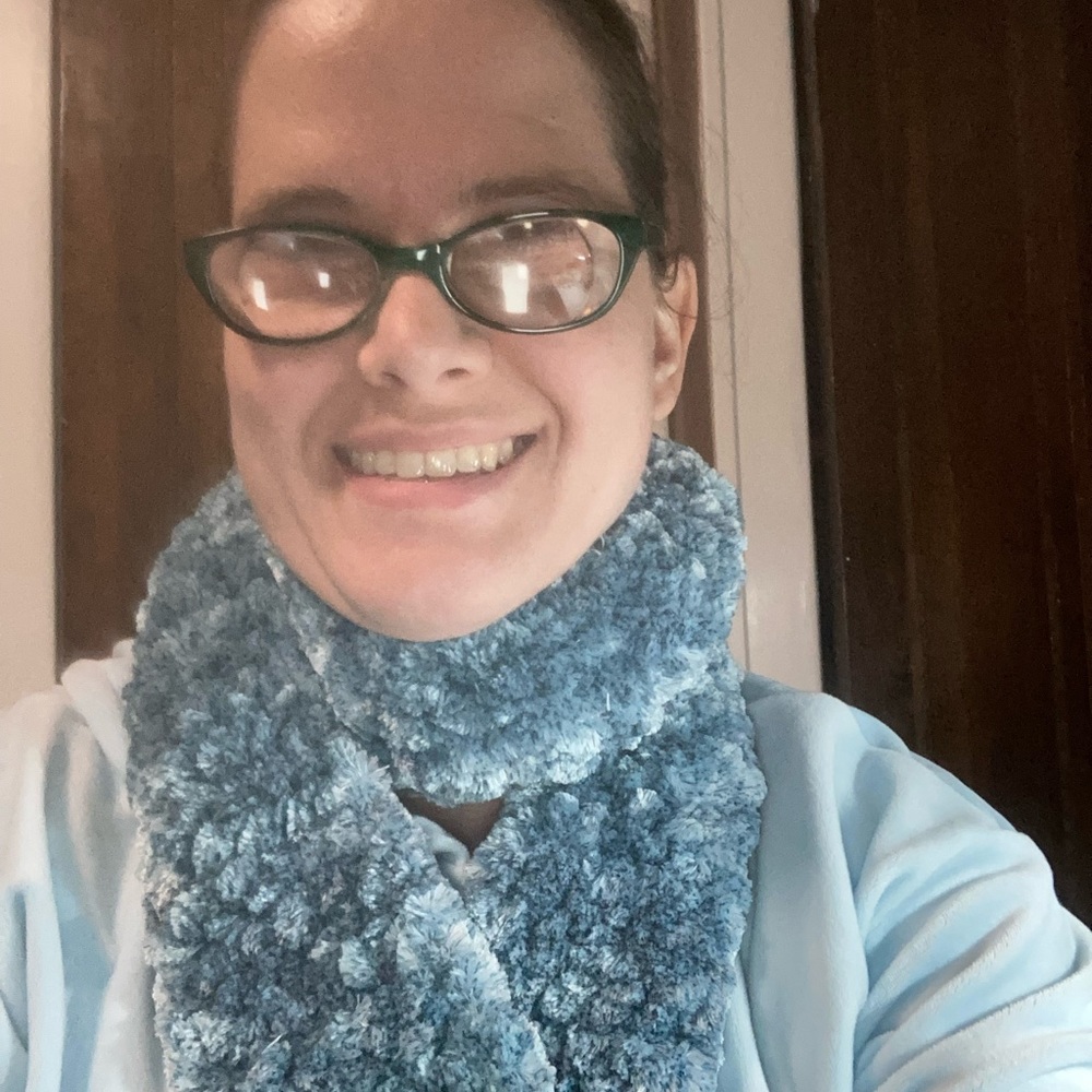 Handmade crocheted blue fuzzy scarf